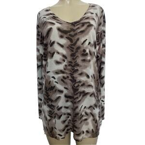 Adrienne Vittadini Sweater Top Animal Print V Neck Long Sleeve Pullover …